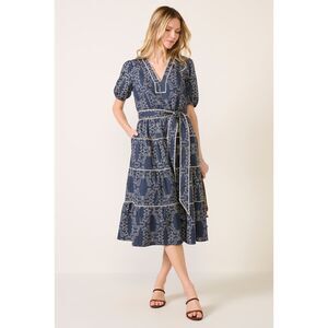 NWOT Hutch Womens Short Puff Sleeves Tiered Paxton Midi Dress Navy Ivory Large